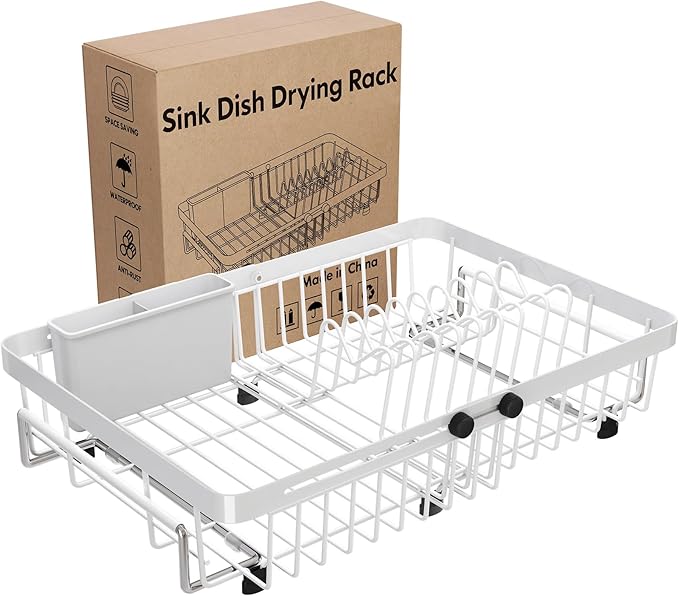 MAJALiS Dish Drying Rack Over The Sink, Expandable Stainless Steel Dish Drainer for Small Kitchen Counter Space Saving, RV Compact Plate Strainer in White Metal with Hanging Adjustable Utensil Holder by MAJALiS