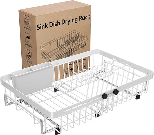 MAJALiS Dish Drying Rack Over The Sink, Expandable Stainless Steel Dish Drainer for Small Kitchen Counter Space Saving, RV Compact Plate Strainer in White Metal with Hanging Adjustable Utensil Holder by MAJALiS