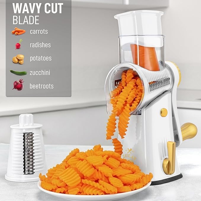 Zulay Kitchen Rotary Cheese Grater 5 Blade Cheese Shredder - Manual Hand Crank Cheese Grater With Reinforced Suction & 5 Interchangeable Drums - Easy to Use, Vegetable Chopper Round Mandoline Slicer - Image 4