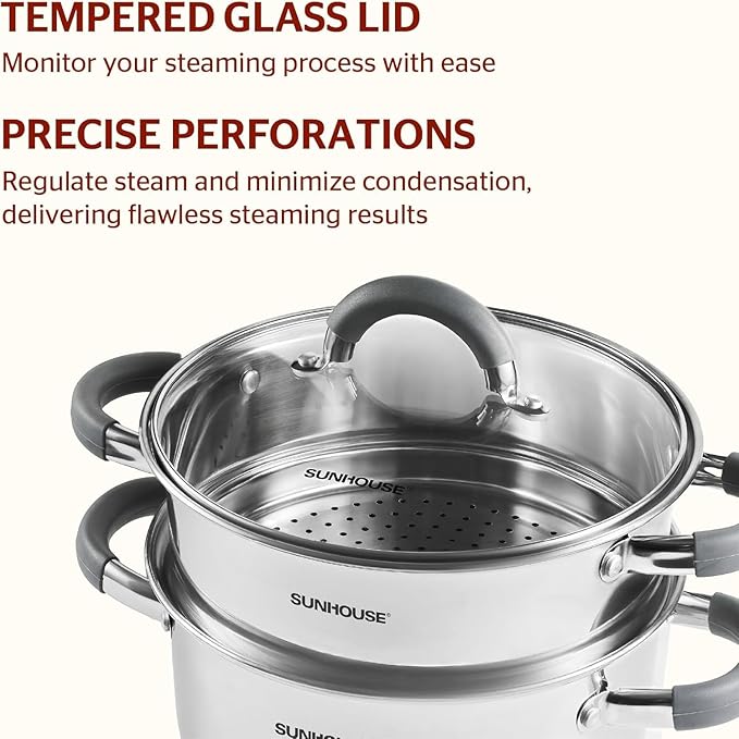 SUNHOUSE 3 Quarts Steamer Pots With Lid, 2-Tier Multipurpose Stainless Steel Steaming Pot Cookware With Stay-Cool Handles, Tri-ply Bottom, Compatible with All Cooktops - Image 6