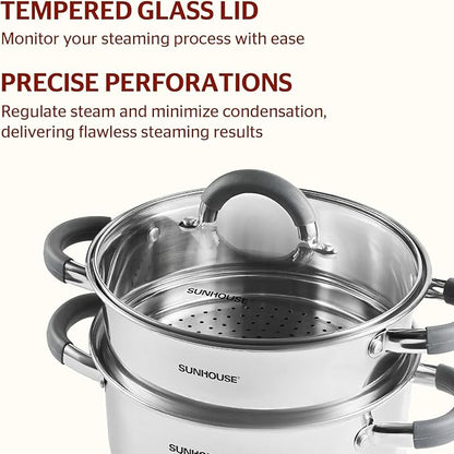 SUNHOUSE 3 Quarts Steamer Pots With Lid, 2-Tier Multipurpose Stainless Steel Steaming Pot Cookware With Stay-Cool Handles, Tri-ply Bottom, Compatible with All Cooktops - Image 6