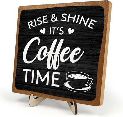 Coffee Bar Decor Sign, Coffee Bar Accessories, Funny Coffee Bar Desk Decor, Rustic Wooden Plaque Coffee Sign Farmhouse Coffee Bar Derco Signs For Coffee Station, Coffee Shelf Decor(Black+Brown05) by DMADNF