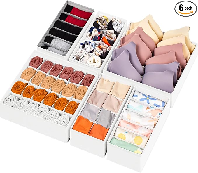 6 Pack Sock Underwear Drawer Organizer Dividers, 58 Cell Foldable Fabric Dresser Closet Organizers and Storage Bins for Clothing, Baby Clothes, Bra, Panty, Scarf, Ties (White) by Criusia