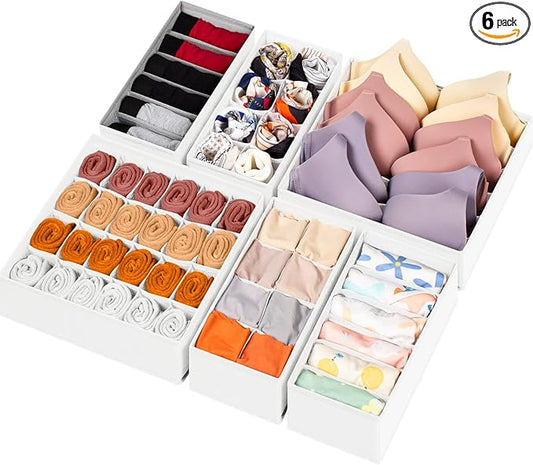 6 Pack Sock Underwear Drawer Organizer Dividers, 58 Cell Foldable Fabric Dresser Closet Organizers and Storage Bins for Clothing, Baby Clothes, Bra, Panty, Scarf, Ties (White) by Criusia