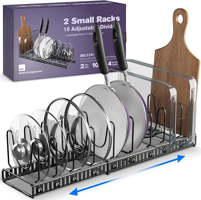 Better Things Home 5.5” Wide 12-Slot Adjustable Pot Lid Organizer with Scratch-Free Pads, Expandable Pot Lid Holder Rack for Cabinet, Small to Medium Pots and Pans Organizer Inside Cabinet by BetterThingsHome