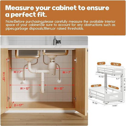 1-Pack Under Sink Organizers and Storage,2-Tier L Shape Pull Out Cabinet Organizer With Round Tube Slide Rails,Hight Adjustable Slide Out Drawers for Kitchen&Bathroom,Multi-Purpose Storage Shelf-White - Image 2