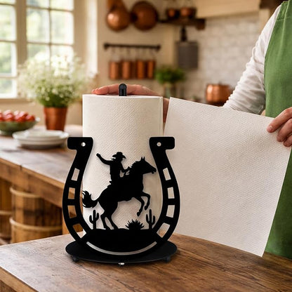Horseshoe Western Paper Towel Holder Black Metal Farmhouse Napkin Holder Rustic Paper Towel Stand Kitchen Decor Accessories for Derby Horse Racing Decorations Western Farmhouse Decor