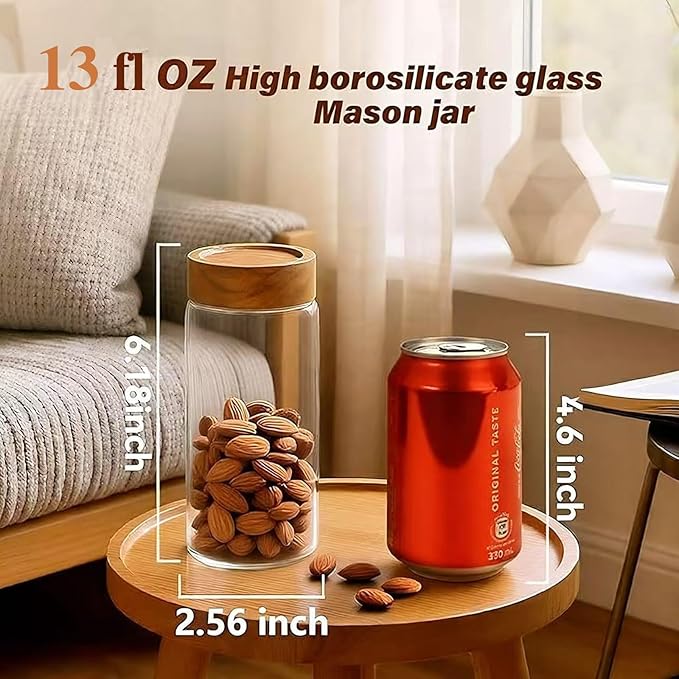 2-Pack 13 fl oz Glass Mason Jars with Acacia Wood Lids - Sealable, Leakproof, Clear & Stackable Food Storage Containers for Spices, Meal Prep, Flour, Sugar & Snack Storage