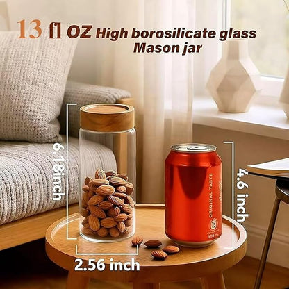 2-Pack 13 fl oz Glass Mason Jars with Acacia Wood Lids - Sealable, Leakproof, Clear & Stackable Food Storage Containers for Spices, Meal Prep, Flour, Sugar & Snack Storage