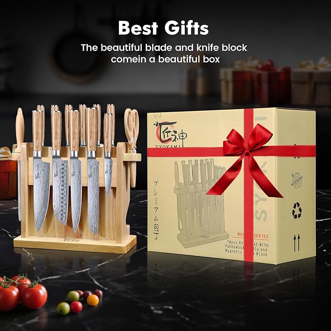 SYOKAMI 2026 Upgrade Knife Set 14 Japanese Style Kitchen Knife Set with Torii-Style Magnetic Block, Razor-Sharp High Carbon Stainless Steel Knives Set for Kitchen with Anti-Slip Handle, Gift for Mom