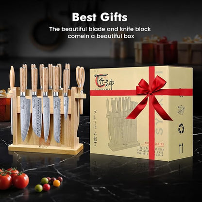 SYOKAMI 2026 Upgrade Knife Set 14 Japanese Style Kitchen Knife Set with Torii-Style Magnetic Block, Razor-Sharp High Carbon Stainless Steel Knives Set for Kitchen with Anti-Slip Handle, Gift for Mom