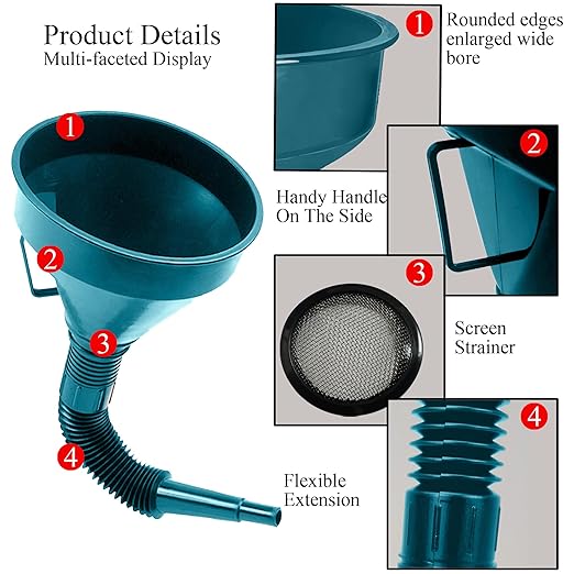 Flex Funnel - Wide Mouth Flexible Funnel with Handle, Automotive Funnels for Engine Oil, Liquid, Diesel, Kerosene,Gasoline (1PACK Blue FUNNELS)