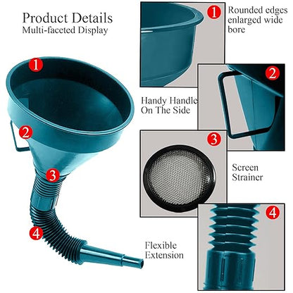 Flex Funnel - Wide Mouth Flexible Funnel with Handle, Automotive Funnels for Engine Oil, Liquid, Diesel, Kerosene,Gasoline (1PACK Blue FUNNELS)