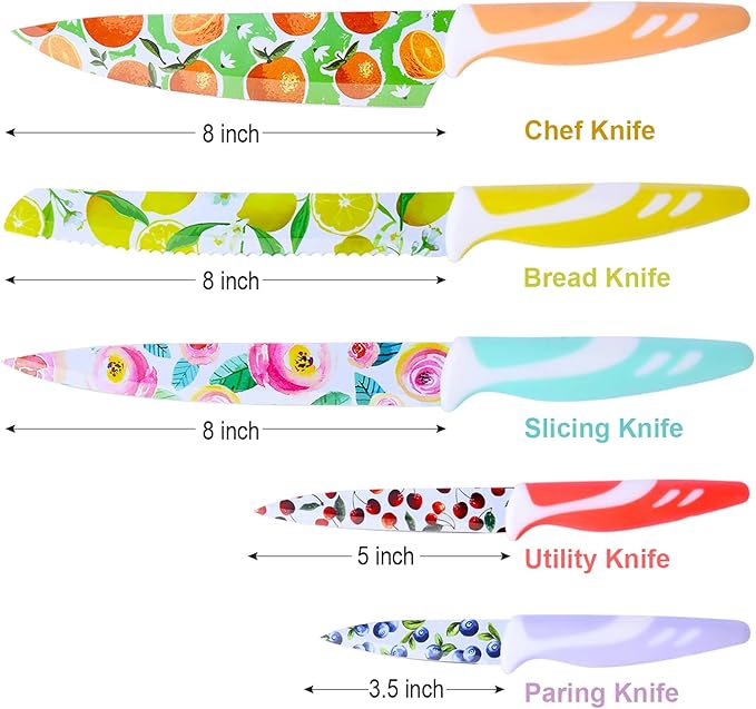 UPTRUST 10-piece Stainless Steel Kitchen Knife Set, Nonstick Coated with 5 Blade Guard, Multicolored Knives Set Gift for Mom - Image 6