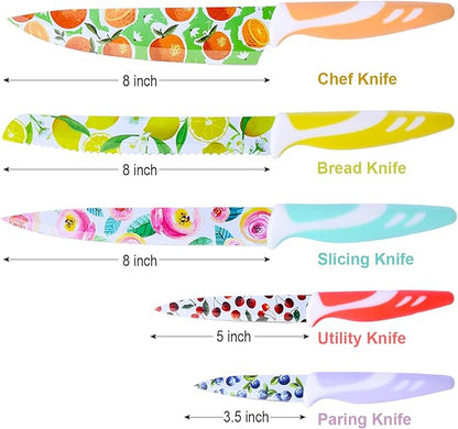 UPTRUST 10-piece Stainless Steel Kitchen Knife Set, Nonstick Coated with 5 Blade Guard, Multicolored Knives Set Gift for Mom - Image 6