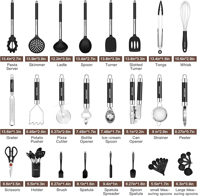 Kitchen Utensils Set-Silicone Cooking Utensils-32 pcs Non-Stick Silicone Cooking Kitchen Utensils Spatula Set with Holder-Best Kitchen Cookware with Stainless Steel Handle (Black) - Image 2