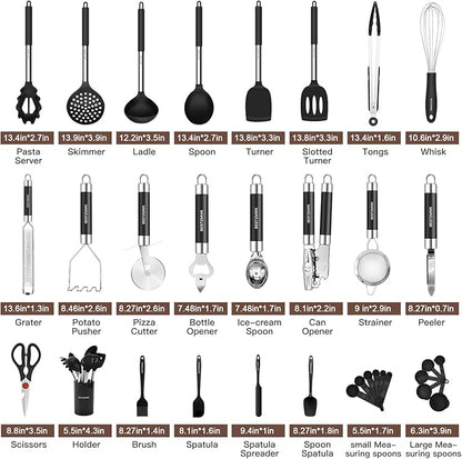 Kitchen Utensils Set-Silicone Cooking Utensils-32 pcs Non-Stick Silicone Cooking Kitchen Utensils Spatula Set with Holder-Best Kitchen Cookware with Stainless Steel Handle (Black) - Image 2