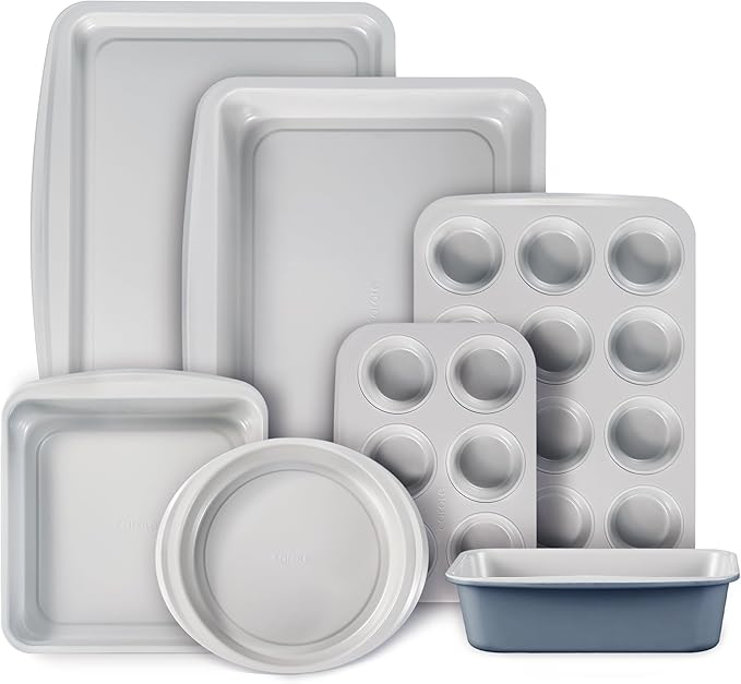 CAROTE 7-Piece Nonstick Stackable Baking Pans Set - Bakeware Sets Including Cookie Sheets for Baking, Muffin Pan, Bread Pan, Cake pan, Loaf Pan, Roasting Pan, Gray & Blue by CAROTE