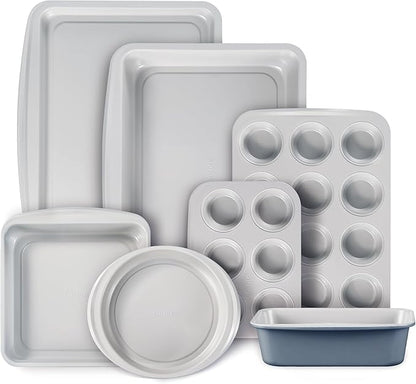 CAROTE 7-Piece Nonstick Stackable Baking Pans Set - Bakeware Sets Including Cookie Sheets for Baking, Muffin Pan, Bread Pan, Cake pan, Loaf Pan, Roasting Pan, Gray & Blue by CAROTE