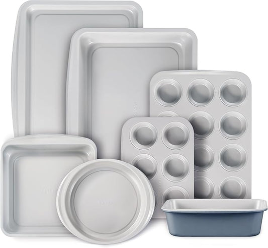 CAROTE 7-Piece Nonstick Stackable Baking Pans Set - Bakeware Sets Including Cookie Sheets for Baking, Muffin Pan, Bread Pan, Cake pan, Loaf Pan, Roasting Pan, Gray & Blue by CAROTE