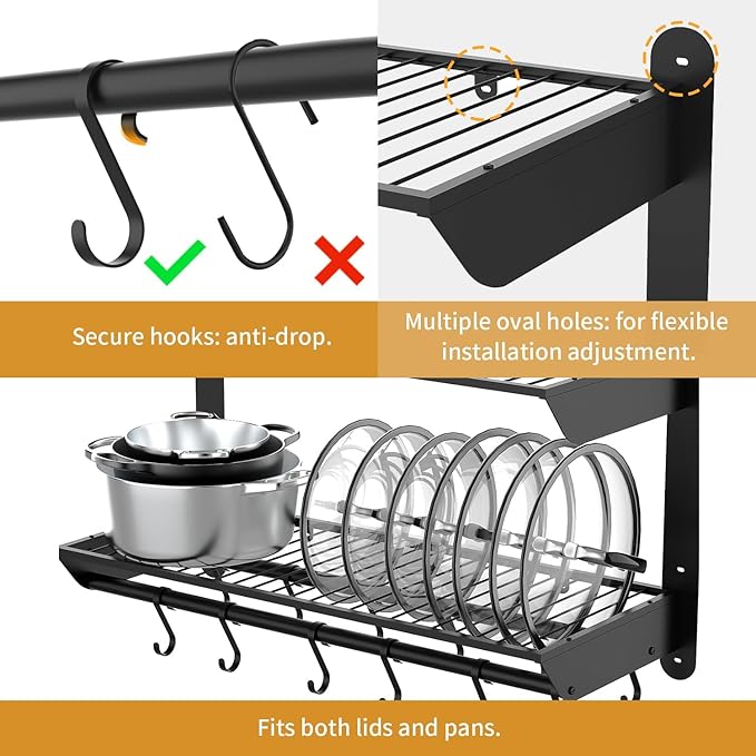 Taozun Pot Rack Wall Mounted 30 Inch, 2-Tier Heavy Duty Pot and Pan Hanging with 12 Hooks, Kitchen Cookware & Utensils Storage Hanger
