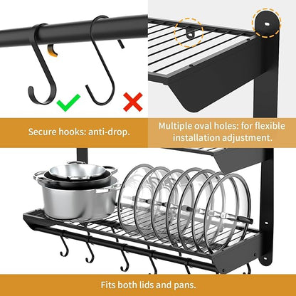 Taozun Pot Rack Wall Mounted 30 Inch, 2-Tier Heavy Duty Pot and Pan Hanging with 12 Hooks, Kitchen Cookware & Utensils Storage Hanger