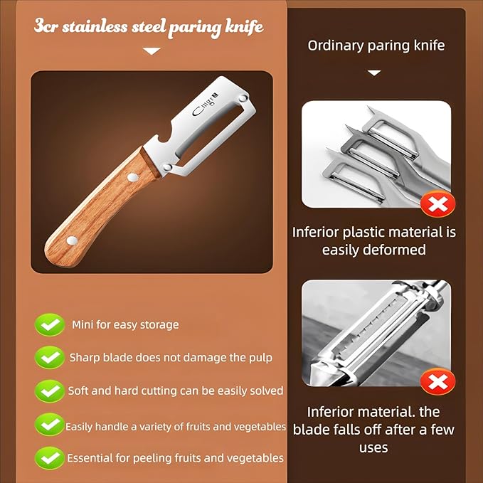 Premium Vegetable Peeler with Wooden Handle and Bottle Opener Stainless Steel Blade Kitchen Tool for Fruit Apple Potato Pumpkin Papaya Zucchini - Image 6