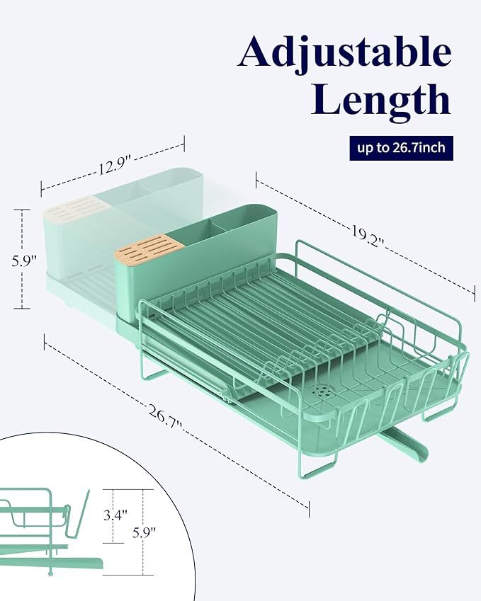 Kitsure Large Dish Drying Rack - Extendable Dish Rack, Multifunctional Dish Rack for Kitchen Counter, Anti-Rust Dish Drainers with Cutlery & Cup Holders 19.2"-26.7" L x 12.9" W, Green - Image 2