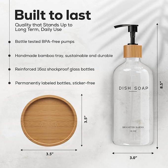 Clear Glass Dish Soap Dispenser by Brighter Barns - Kitchen Sink Set With Bamboo Tray - Modern Decor and Accessories, Minimalist Neutral Home (Clear) - Image 3