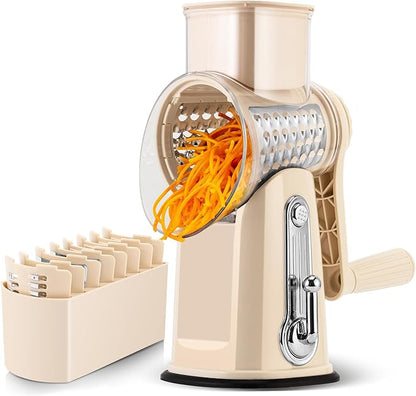 SUSTEAS Rotary Cheese Grater with Handle - Vegetable Shredder with 5 Well-designed Blades & Strong Suction Base,Round Mandoline Slicer & Food Chopper for Kitchen,with Blade Storage Box(Beige) by SUSTEAS