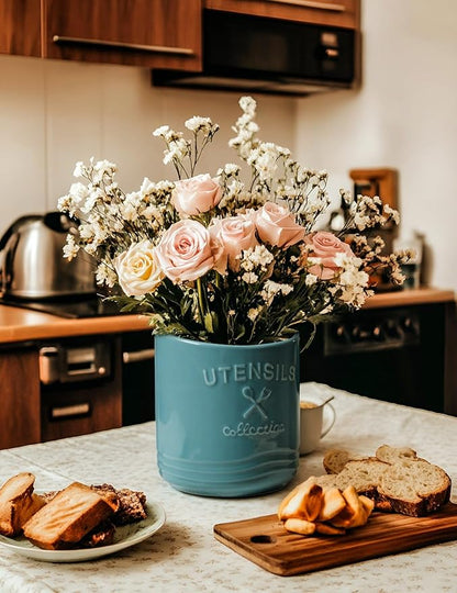 AISBUGUR Large Ceramic Utensil Holder 7.5" H×6.3" W with Slanted Mouth - Utensil Crock with Non-Slip Cork Base for Kitchen Counter, Ideal for Decor & Gift,Blue - Image 5