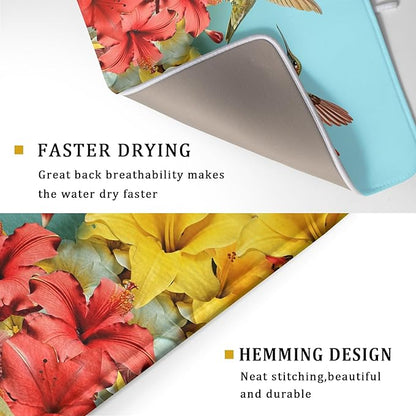 Kawani Spring Summer Hummingbirds Floral Dish Drying Mat for Kitchen Counter 18x24 In Spring Hibiscus Tropical Drying Mat Fast Dry Absorbent Microfiber Dish Drainer Rack Pad Mat for Countertop Decor