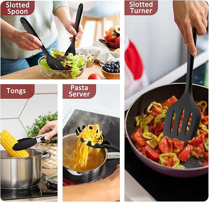 Silicone Cooking Utensils Set of 10, Leonyo Black Kitchen Utensils Set for Cooking, 446°F Heat Resistant Silicone Kitchen Tools with Turner Spatula, Soup Ladle, Serving Spoons for Nonstick Cookware
