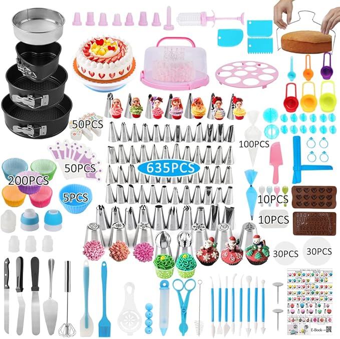 Cake Decorating Kit,635 Pcs Decorating Supplies With 3 Springform Pan Sets Icing Nozzles Rotating Turntable Cake Topper Piping Bags Carrier Holder,Cake Baking Set Tools by Unknown