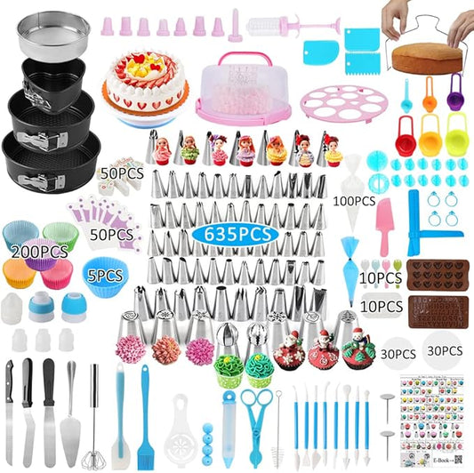 Cake Decorating Kit,635 Pcs Decorating Supplies With 3 Springform Pan Sets Icing Nozzles Rotating Turntable Cake Topper Piping Bags Carrier Holder,Cake Baking Set Tools by Unknown