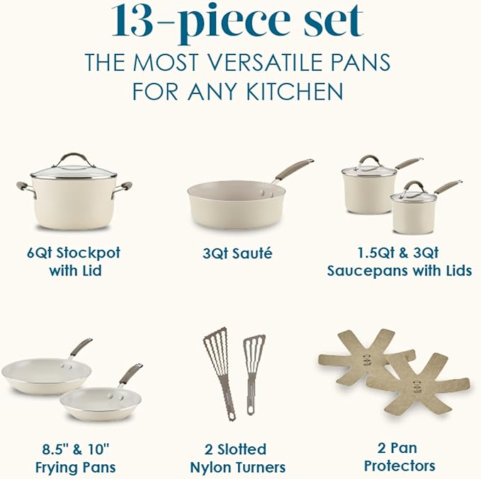 Rachael Ray Cucina Ceramic Cookware Set - 13 Pieces - Ceramic Pots and Pans Set w/Nonstick Frying Pans, Saute Pan, Saucepans, Stockpot, Lids, Pan Protectors & Cooking Utensils - Almond - Image 2