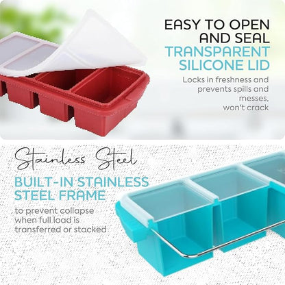 Silicone Freezer Tray With Lid-Soup Freezer Container molds-Large Ice Cube Tray Set Makes 1-Cup & 2-Cup portions cubes Perfect for preparing meals in different portion sizes Oven & Dishwasher -Safe