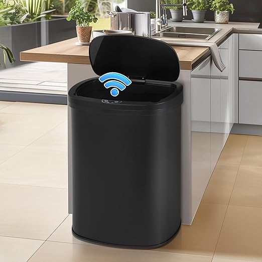 Dkeli Kitchen Trash Can for Bathroom Bedroom Home Office Automatic Touch Free High-Capacity Garbage Can with Lid Brushed Stainless Steel Waste Bin 13 Gallon / 50L - Black