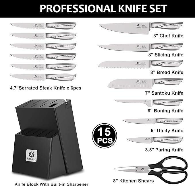 imarku® Kitchen Knife Set, 15 Pcs Japanese Knife Set with Block, Premium Razor-Sharp Chef Knives Set for Kitchen with Sharpener, Rust-Proof, Ergonomic Full-Tang Handle, Black - Image 2