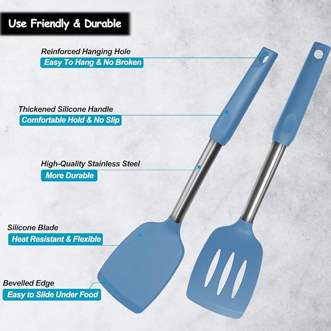 Silicone Spatula and Cooking Spoon,5 Pack Solid & Slotted Spoons and Spatulas High Heat resitant for Kitchen, Stainless Steel Handle Coated with Silicone, Non Stick Utensil, Starry blue - Image 3
