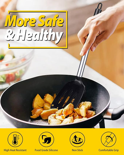 Pack of 2 Silicone Solid Turner, Non Stick Slotted Kitchen Spatulas, High Heat Resistant BPA Free Cooking Utensils, Ideal Cookware for Fish, Eggs, Pancakes(Black) - Image 4