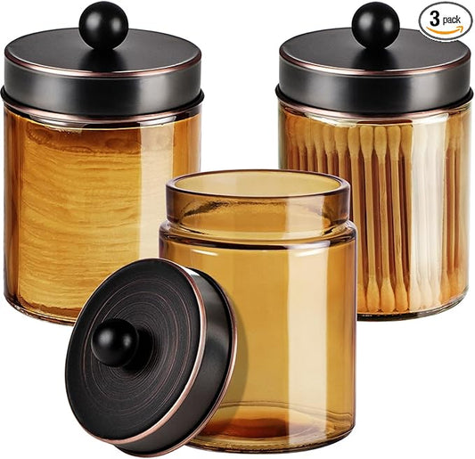 3 Pack Apothecary Jar Canisters Bathroom Vanity Organizer - Qtip Holder Storage Organizer Set Countertop Canister with Stainless Steel Lids &Cute Stickers for Qtips,Cotton Swabs,Makeup Sponges,Floss
