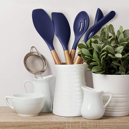 Non-Stick Silicone Kitchen Utensils Set with Natural Acacia Hard Wood Handle, 5 Piece, Midnight Blue, BPA Free, Baking & Serving Silicone Cooking Utensils - Image 7