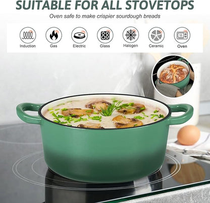TeamFar Enameled Cast Iron Dutch Oven - 3QT Small Dutch Oven Pot with Lid - Heavy Duty Cast Iron Pot Cookware for Bread Baking, Braising, Stewing, Roasting, Basil Green - Image 4