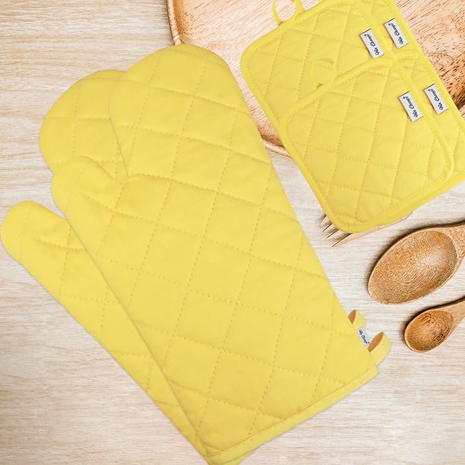 Oven Mitts and Pot Holders Sets,6 Pcs Oven Mitts and Potholders with Recycled Cotton High Heat Resistant Extra Thick Long Oven Mitts for Cooking(Yellow) - Image 2