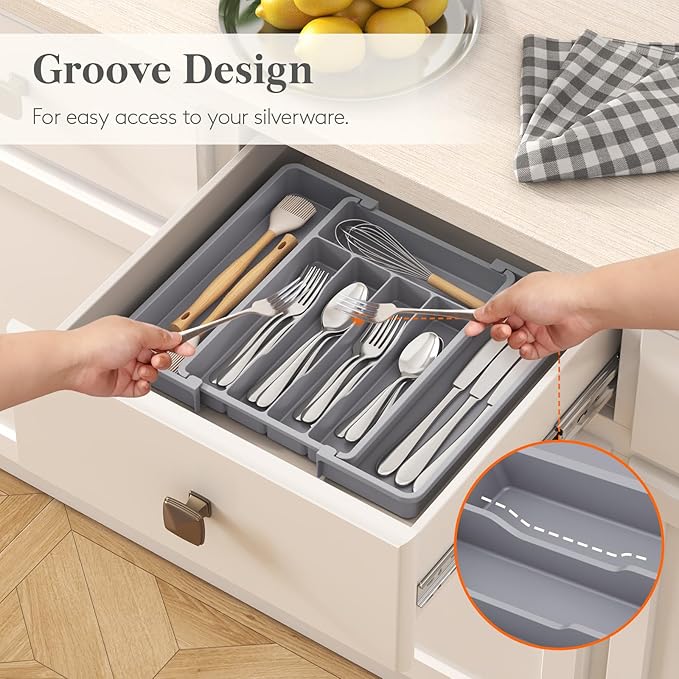 Lifewit Silverware Drawer Organizer, Expandable Utensil Tray for Kitchen, BPA Free Flatware and Cutlery Holder, Adjustable Plastic Storage for Spoons Forks Knives, 8.5-14 x 12", Gray - Image 7