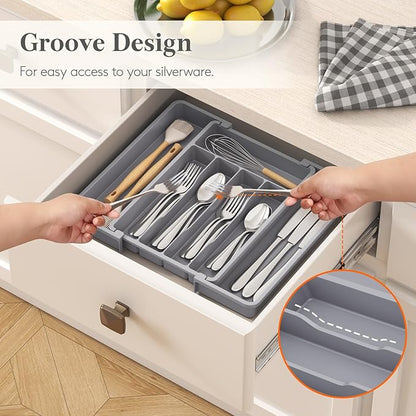Lifewit Silverware Drawer Organizer, Expandable Utensil Tray for Kitchen, BPA Free Flatware and Cutlery Holder, Adjustable Plastic Storage for Spoons Forks Knives, 8.5-14 x 12", Gray - Image 7