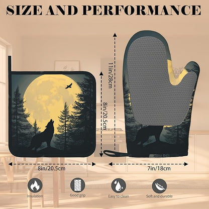 Black Wolf Howling at The Moon Oven Mitt and Pot Holder with Silicone Heat Resistant Kitchen for Cooking BBQ Baking Grilling Cooking Protection