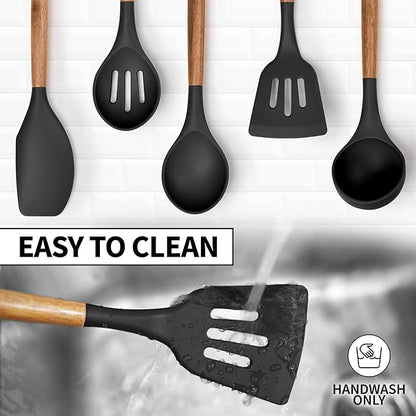 Zulay Kitchen Non-Stick Cooking Utensils Set with Authentic Acacia Wood Handles – 5-Piece Durable & Stylish Silicone Kitchen Utensils Set – Heat Resistant to 464°F – Black - Image 7