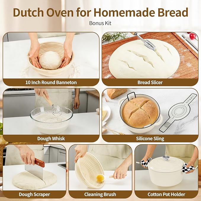 Enameled Cast Iron Dutch Oven with Lid -6.5 QT, incl. Sourdough Bread-Baking Supplies like Banneton Proofing Basket, Heavy Duty Cookware Bread-Oven for Baking, Stews, and Roasting, Cream White - Image 4